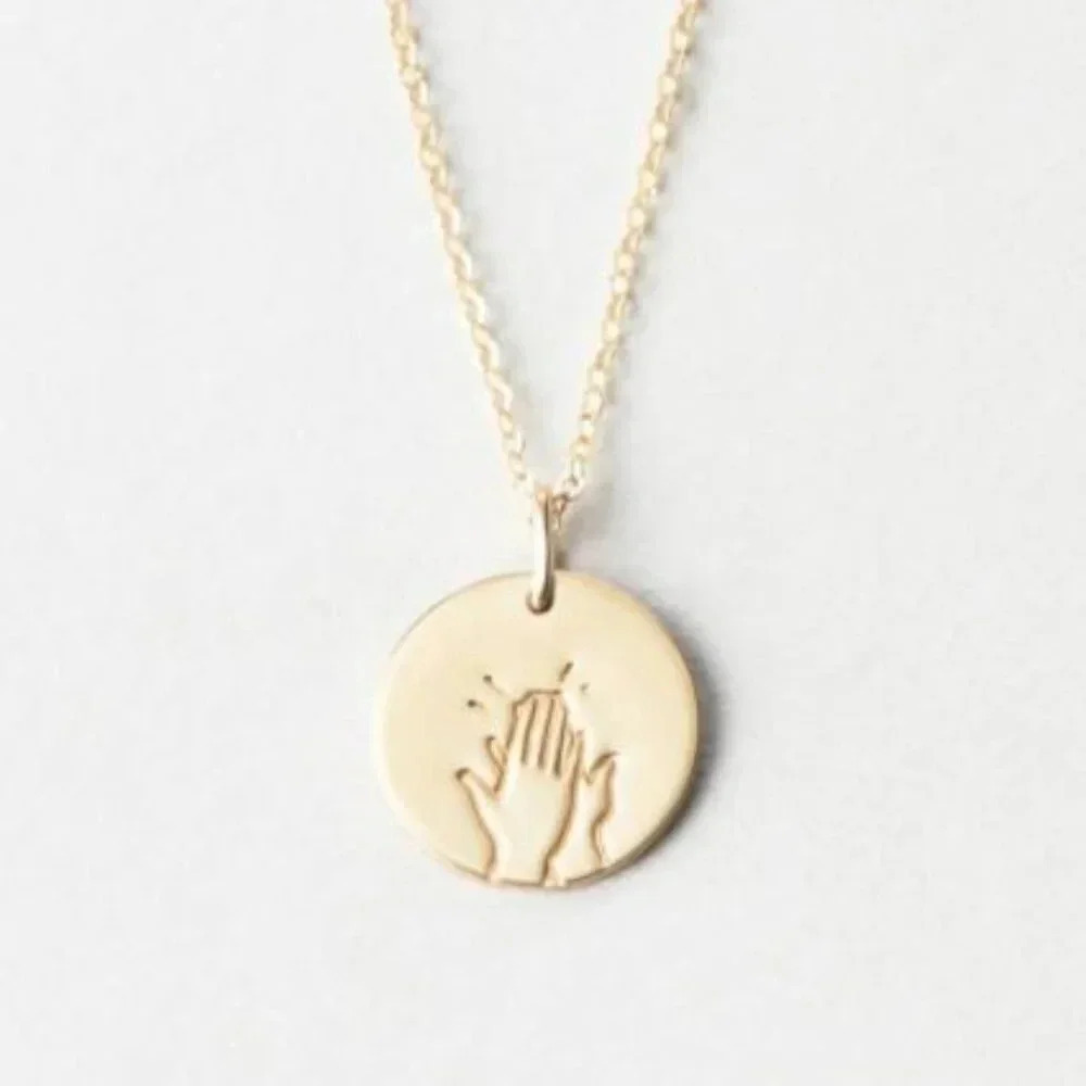 "High Five" Sign Language Gold Charm Disc Necklace
